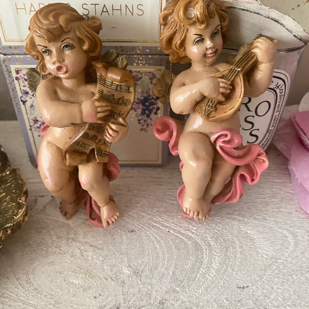 Cherub Musician Figurines with Pink Accents